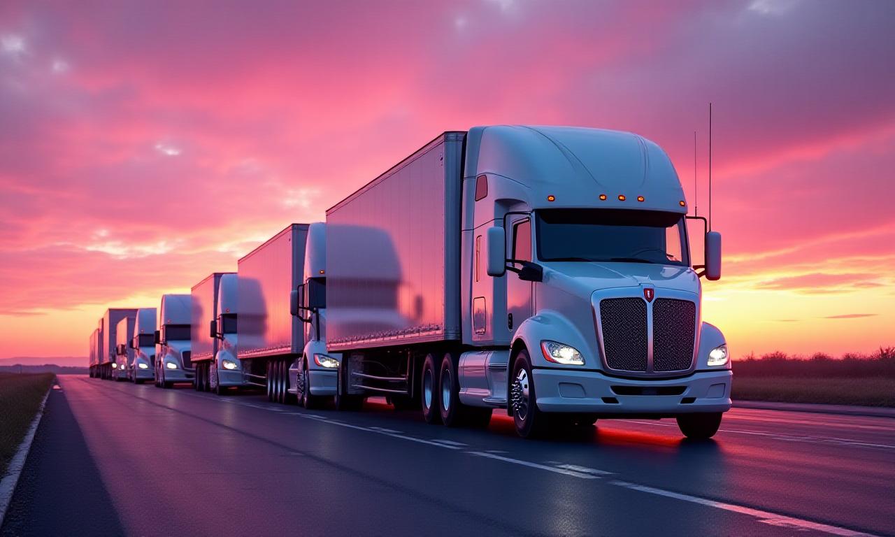 Modern trucking fleet under a purple and magenta sky